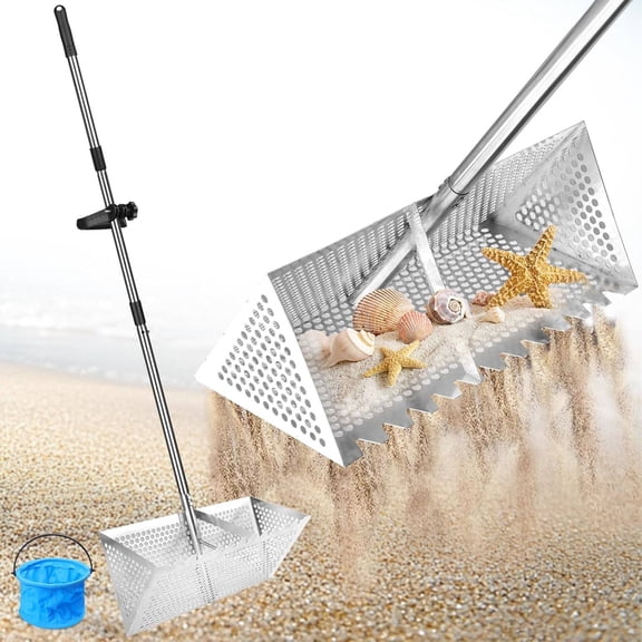 Stainless Steel Beach Sand Sifter Rake with Detachable 52" Handle and Foldable Bucket
