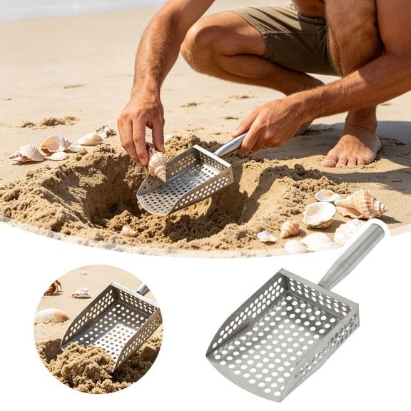 Stainless Steel Beach Sand Sifter Scoop, Heavy-Duty Sand Shovel for Shell Collecting, Durable Metal Sieve Tool for Beachcombing, Shell Hunting, and Sand Sieving
