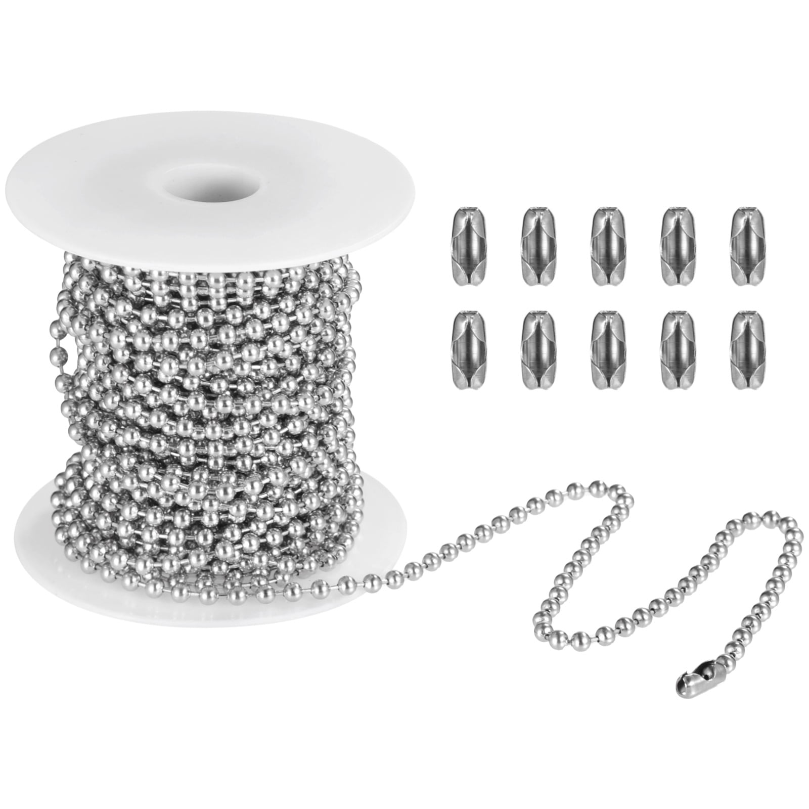 50ft Stainless Steel Beaded Chain, 4.5mm Roller Shade Chain with 10 Connectors, for DIY Jewelry, Dog Tags, Crafts, Repair, Pull Chain, Bulk Spool