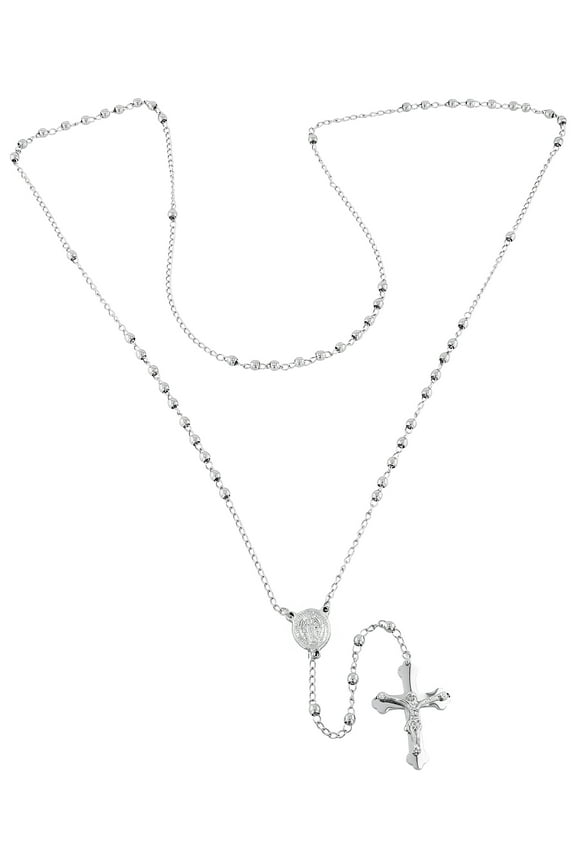 Stainless Steel Beaded Rosary Necklace with Crucifix and Madonna Centerpiece