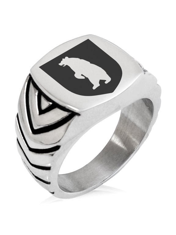 Stainless Steel Bear Ferocity Coat of Arms Shield Chevron Pattern Biker Style Polished Ring