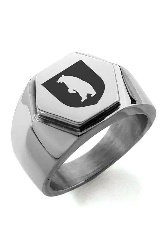 Stainless Steel Bear Ferocity Coat of Arms Shield Engraved Hexagon Crest Flat Top Biker Style Polished Ring