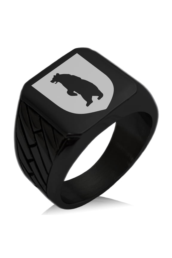 Stainless Steel Bear Ferocity Coat of Arms Shield Geometric Pattern Biker Style Polished Ring