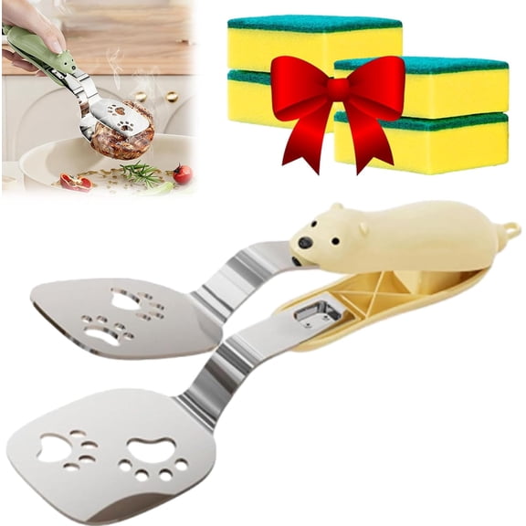 Stainless Steel Bear Pancake Griddle Clip, 2-in-1 Cute Bear Spatula Tongs with Locking Clip, Multifunctional Food Turner & Clamp for Steak, Eggs, Pancake, Multi-Use Kitchen Gadget (Yellow * 1)