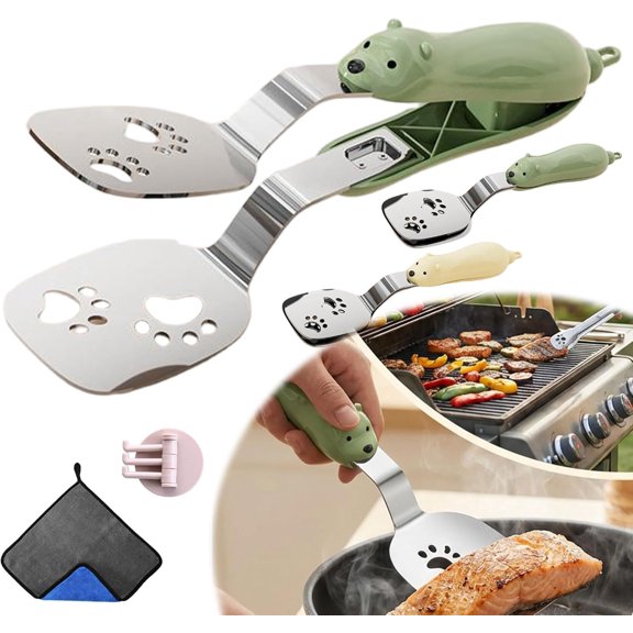 Stainless Steel Bear Pancake Griddle Clip, 2-in-1 Cute Bear Spatula Tongs with Locking Clip, Multifunctional Kitchen Tool, 9.5 Inch Thickened Handle Grill For Steak, Eggs, Pancake (green)