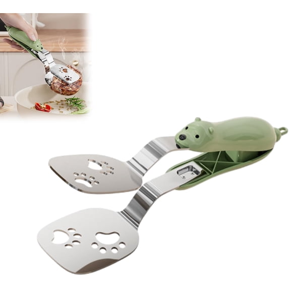 Stainless Steel Bear Pancake Griddle Clip, 2-in-1 Cute Bear Spatula Tongs, Multifunctional Food Turner & Clamp with Locking Clip for Steak, Eggs, Pancake, Multi-Use Kitchen Gadget (Green)