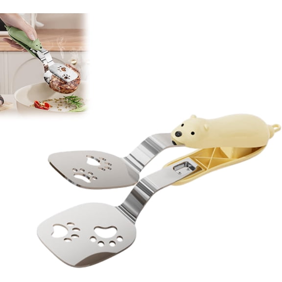Stainless Steel Bear Pancake Griddle Clip, 2-in-1 Cute Bear Spatula Tongs, Multifunctional Food Turner & Clamp with Locking Clip for Steak, Eggs, Pancake, Multi-Use Kitchen Gadget (Yellow)