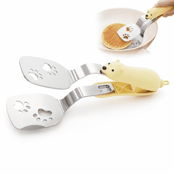 Stainless Steel Bear Pancake Griddle Clip, 2-in-1 Spatula Tongs with Locking Clip, 9.5 Inch Thickened Handle Multifunctional Food Turner for Steak Eggs Burgers