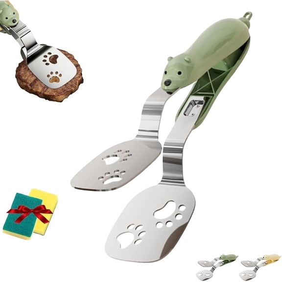 Stainless Steel Bear Pancake Griddle Clip Multifunctional Kitchen Tool, 2-in-1 Cute Bear Spatula Tongs, With Locking Clip or Steak, Eggs, Pancake(Green)