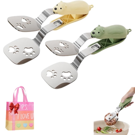 Stainless Steel Bear Pancake Griddle Clip Multifunctional Kitchen Tool, 2-in-1 Cute Bear Spatula Tongs, Multifunctional Food Turner & Clamp with Locking Clip, For Steak, Eggs, Pancake (2PCS)