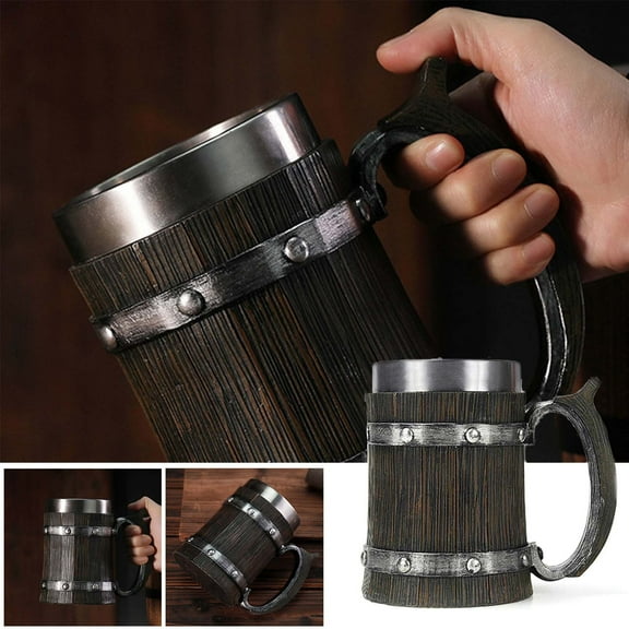 Stainless Steel Beer Mug, Resin Tankard Coffee Cup Featuring Antique Barrel Design for Men's Gift, Large Capacity German Style Drinking Vessel for Beer, Tea and Daily Use, Durable and Rust Blahzhy