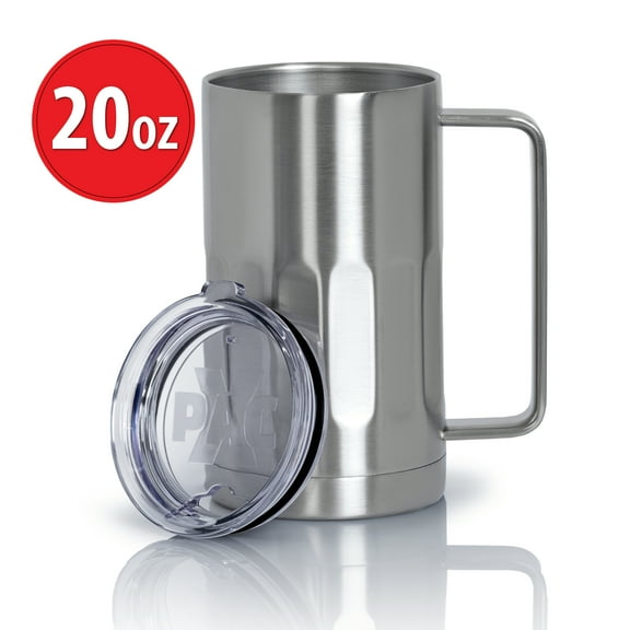 Stainless Steel Beer Mug with Lid, 20 Ounce Double Walled Vacuum Insulated, by Maxam