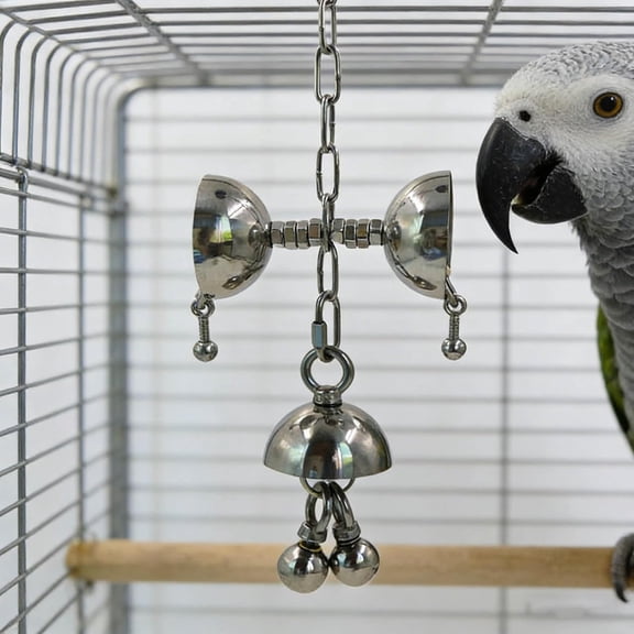 Stainless Steel Bell Bird Toy Hanging for Large Parrots(Silver, Large)