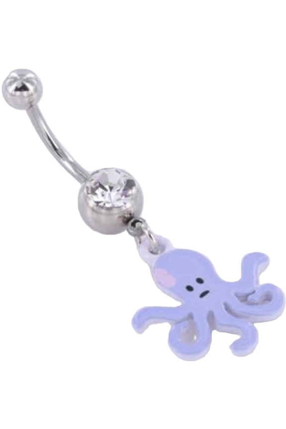 Stainless Steel Belly Button Ring, 14G Navel Piercing with Lavender Octopus Charm, Crystal Ball, 7/16 Inch