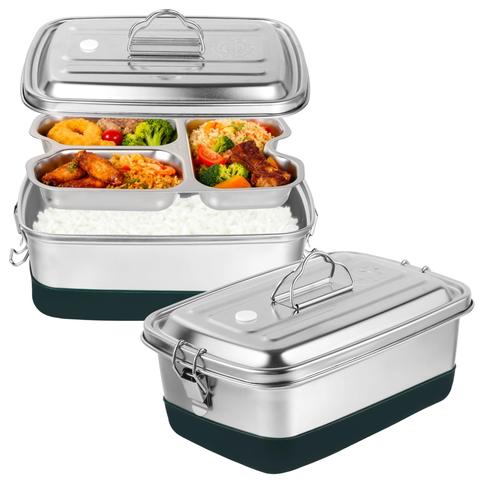 Stainless Steel Bento Box 2L / 67.6 oz 3-Compartment Lunch Container for Youngsters & Adults, Double Layer, Leak-Proof Food Storage with Handle, 8.7 x 6.1 x 3.5 in