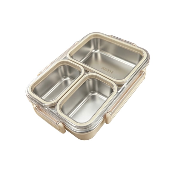 Stainless Steel Bento Box 3 Compartment 800ml, Portable Lunch Container with Leak-Proof Lid, Reusable Food Storage for Work Travel, Beige