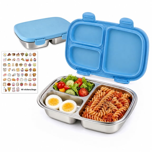Stainless Steel Bento Box, 28oz Metal Bento Lunch Box,3 Compartments BPA Free Lunch Box Containers, 304 Stainless Steel Bento Box for Office,Picnics & Travel(Blue)