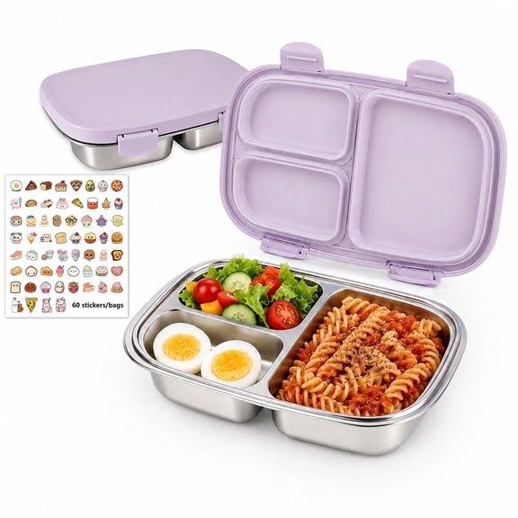 Stainless Steel Bento Box, 28oz Metal Bento Lunch Box,3 Compartments BPA Free Lunch Box Containers, 304 Stainless Steel Bento Box for Office,Picnics & Travel(Purple)