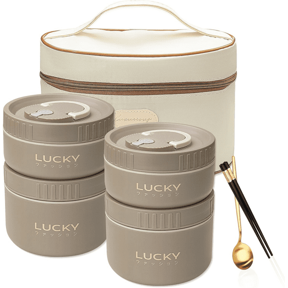 Stainless Steel Bento Box Adult Lunch Box with Thermos,Portable Insulated Food Lunch Container Set with Thermal Lunch Box, 4 Separate Stackable Lunch Container Microwave (Khaki 68oz)