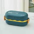 thumbnail image 1 of Stainless Steel Bento Box Leak Proof Double Layer Lunch Container | Microwave & Dishwasher Safe | 2 Compartments, Buckled Lid, 7.7"x3.5", Brown/Blue/Green | Includes Spoon, Odor Resistant, Portable, 1 of 9