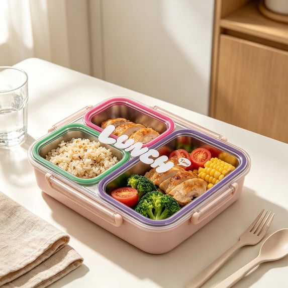 Stainless Steel Bento Box Lunch Container with Lid, 3 Separate Compartment, BPA-free Drop-proof Food Grade Dishwasher Safe Reusable Container for Meal Prep Home Travel Office Adults