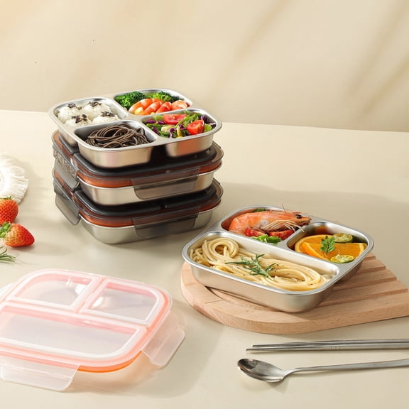 Stainless Steel Bento Lunch Box with 3 or 4 Compartments, Leakproof Food Storage Container with Lid for Adults and Kids, Odor Proof Meal Prep Snack Container for School Work Travel