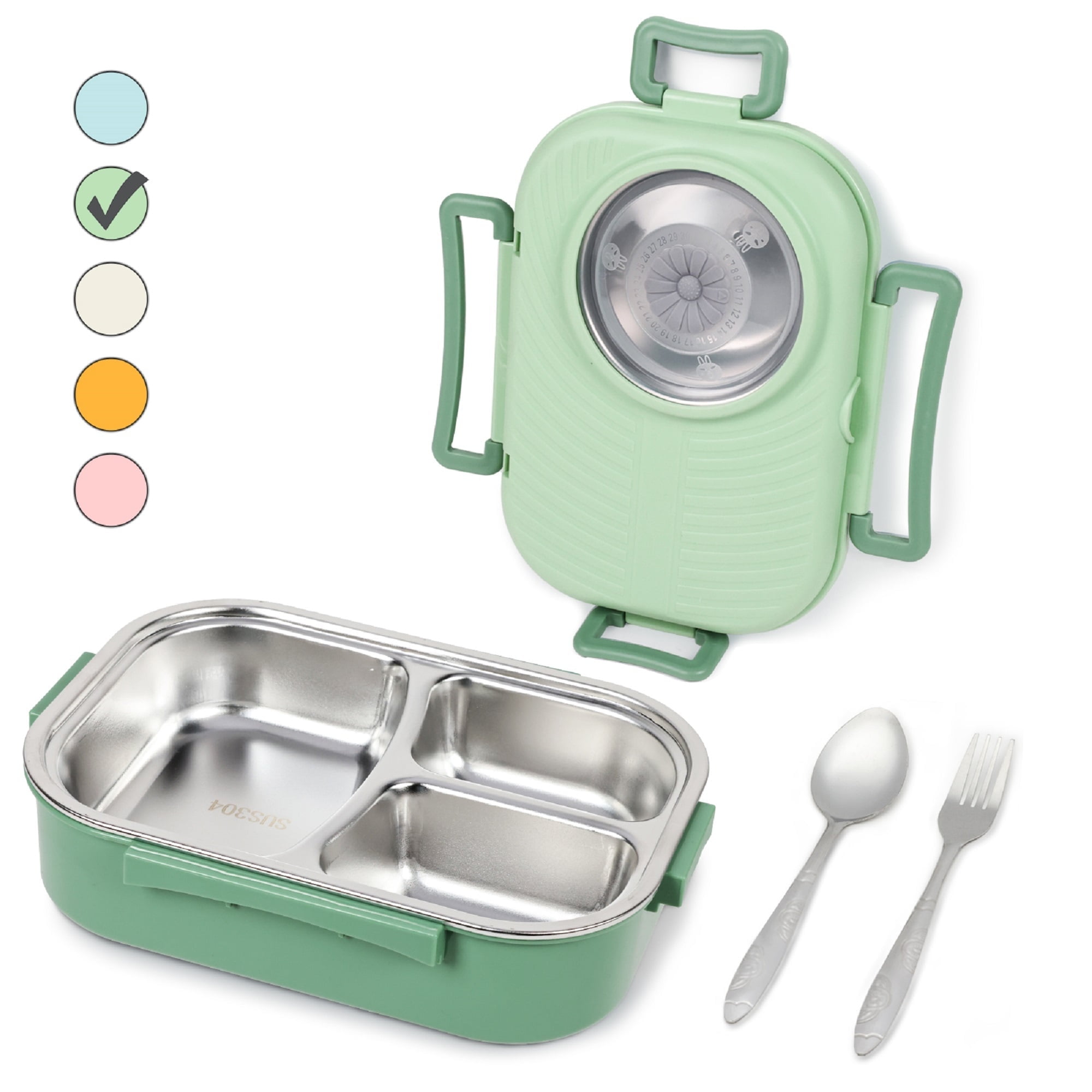 Stainless Steel Bento Lunch Box for Kids and Adults,Stackable BPA-Free Food  Containers with 3 Compartments and Reusable Sauce Bowl, Fork and Spoon,  (1000ml/34oz, Green) 