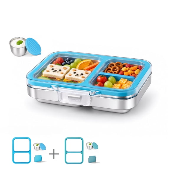 Stainless Steel Bento Lunch Box-Set for Kids 7+ &  Adults with 2-Color Removable Accessories, BPA-Free Tritan Clear Lid , Leak-Resistant, Dishwasher & Freezer Safe, for School, Office, Travel
