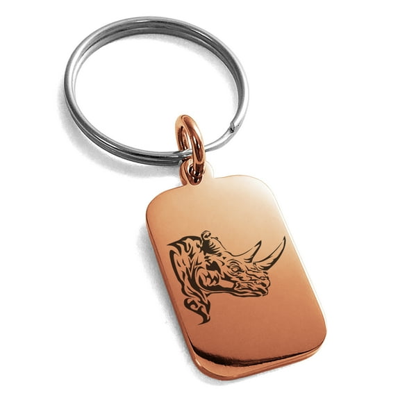 Stainless Steel Berserk Rhino Engraved Small Rectangle Dog Tag Charm Keychain Keyring