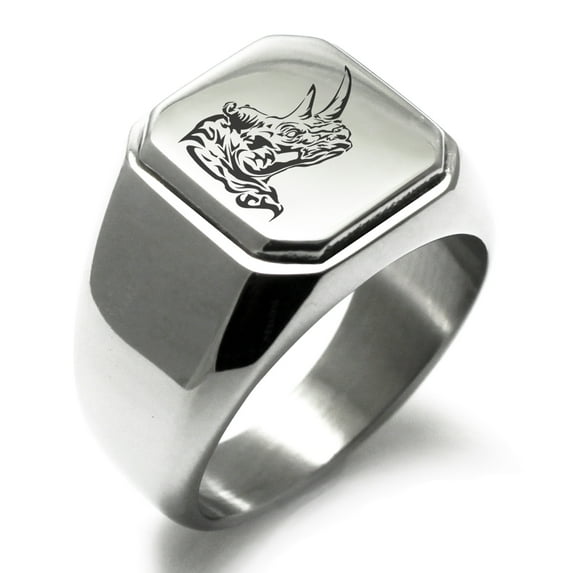 Tioneer Stainless Steel Berserk Rhino Engraved Square Flat Top Biker Style Polished Ring