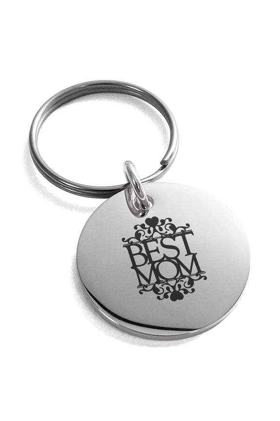 Stainless Steel Best Mom Heart Filigree Small Medallion Circle Charm Keychain Keyring