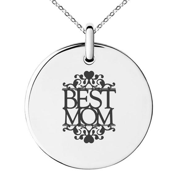 Stainless Steel Best Mom Heart Filigree Small Medallion Circle Charm Pendant Necklace