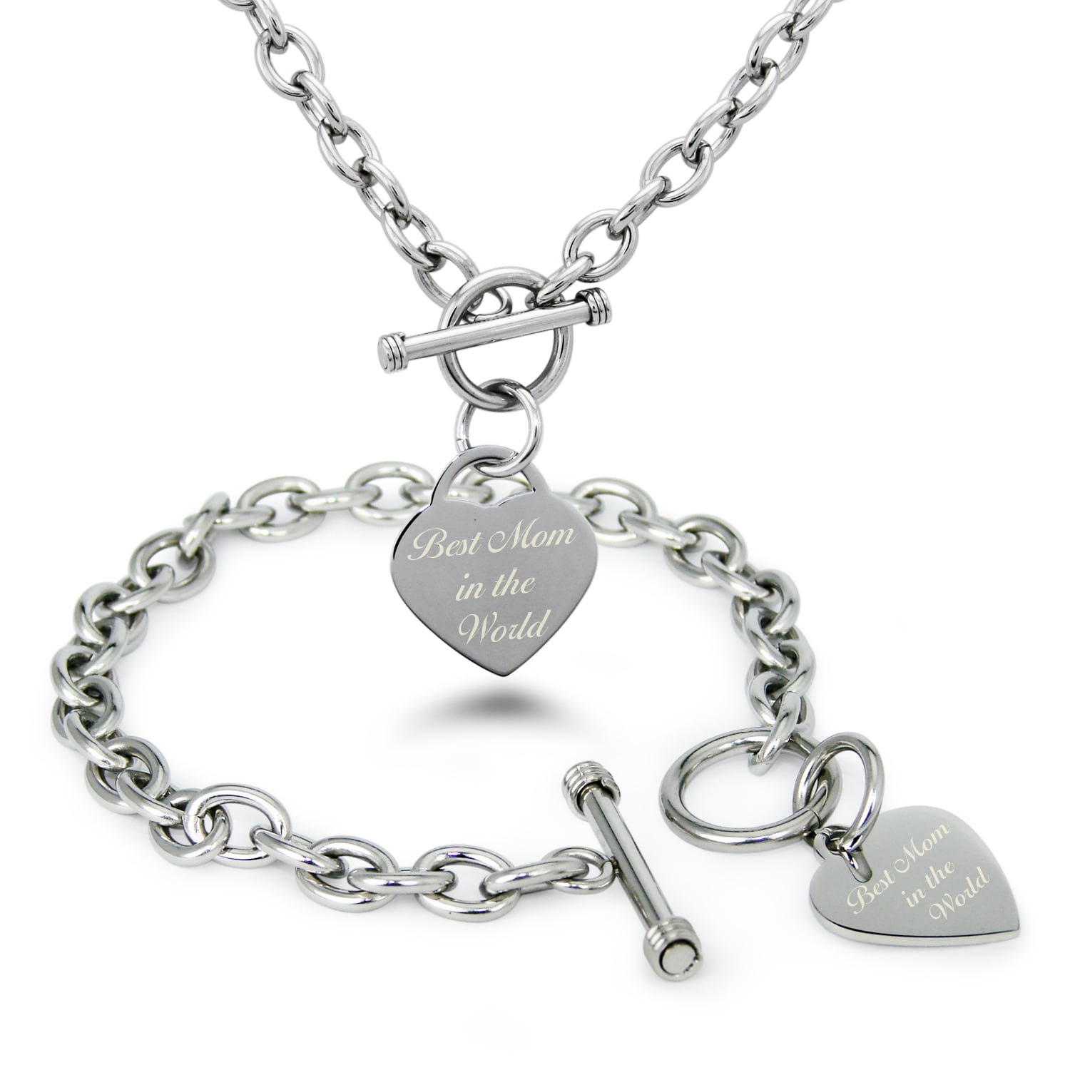 Stainless Steel Best Mom in the World Heart Charm Toggle Bracelet