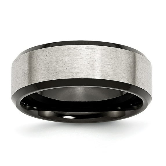 Stainless Steel Beveled Edge Black Plated 8mm Brushed Band Ring - Size 14
