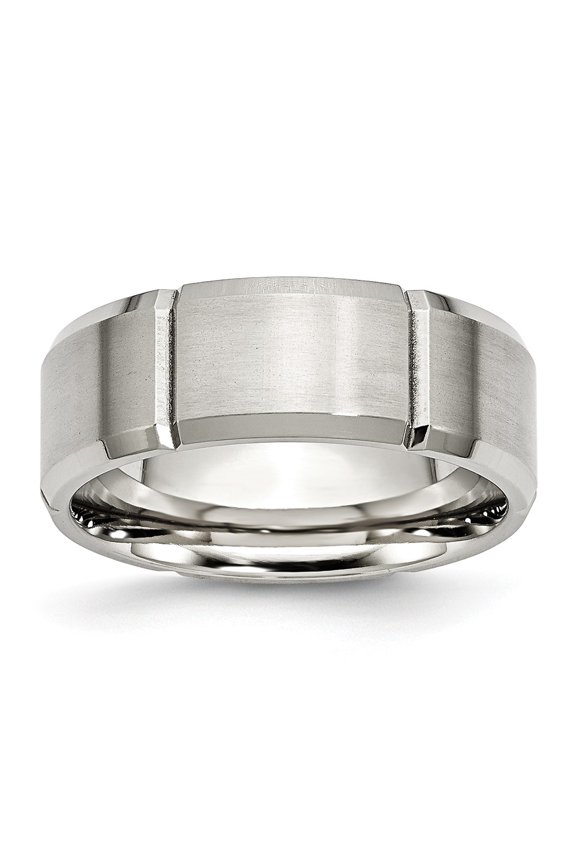 Stainless Steel Beveled Edge Grooved 8mm Brushed/Polished Band, Available in Multiple Sizes
