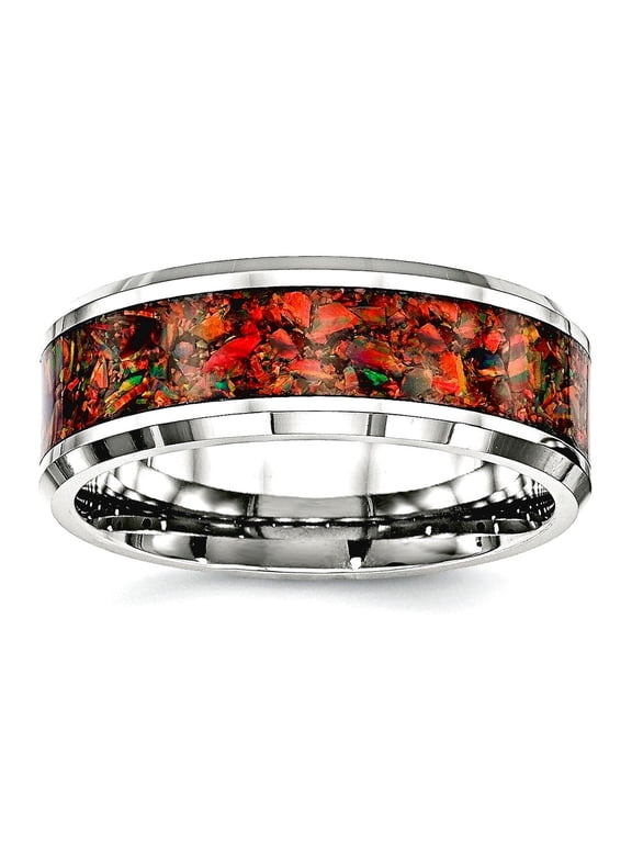 Stainless Steel Beveled Edge Polished With Red Simulated Opal 8mm Mens Ring Size 8.5 Ring for Men