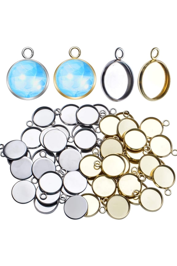 Stainless Steel Bezel Pendant Round Blank Trays, 50 Pcs - Cabochon Settings for Necklace & Earring DIY Jewelry Making