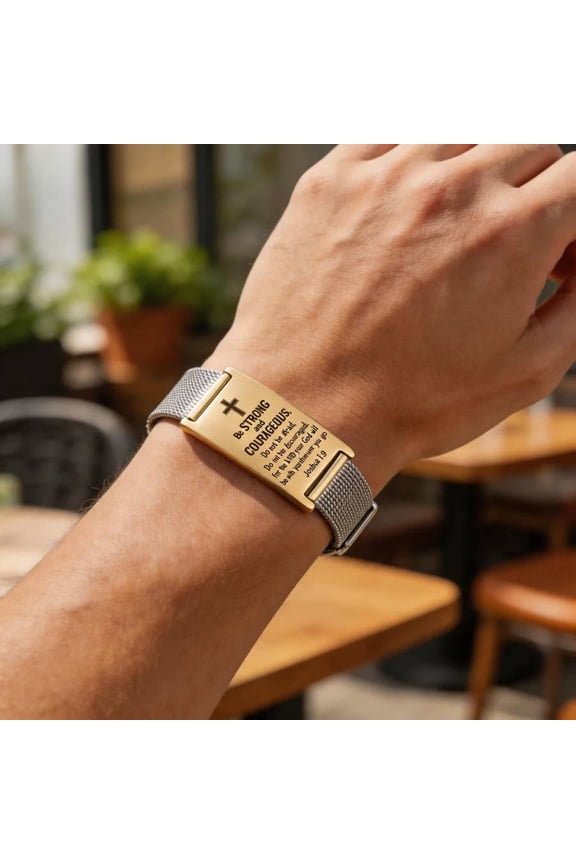 Stainless Steel Bible Verse Bracelet, Milanese Mesh Band with Joshua 1:9 Engraving, Christian Religious Jewelry Gift.