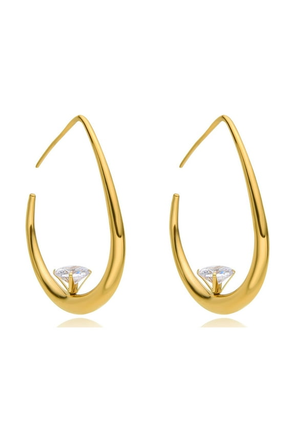 Stainless Steel Big Teardrop Hoop Earrings for Women,14k Gold Plated Large Oval Pull Through Waterdrop Hoop Earrings High Polished Statement Lightweight Earring