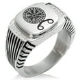 thumbnail image 1 of Stainless Steel Binding Vegvisir Troll Cross Runic Viking CZ Ribbed Needle Stripe Pattern Biker Style Polished Ring, 1 of 1