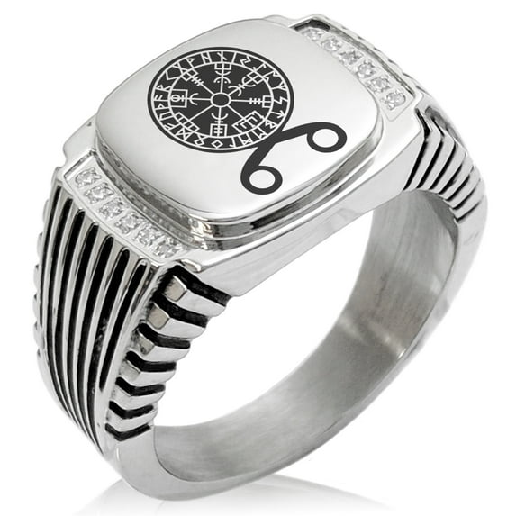 Stainless Steel Binding Vegvisir Troll Cross Runic Viking CZ Ribbed Needle Stripe Pattern Biker Style Polished Ring