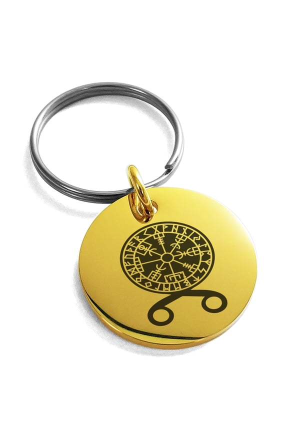 Stainless Steel Binding Vegvisir Troll Cross Runic Viking Engraved Small Medallion Circle Charm Keychain Keyring