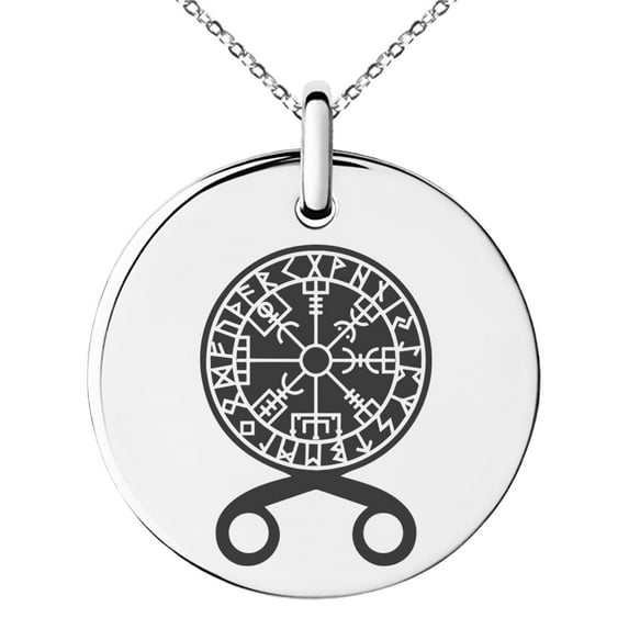 Stainless Steel Binding Vegvisir Troll Cross Runic Viking Engraved Small Medallion Circle Charm Pendant Necklace