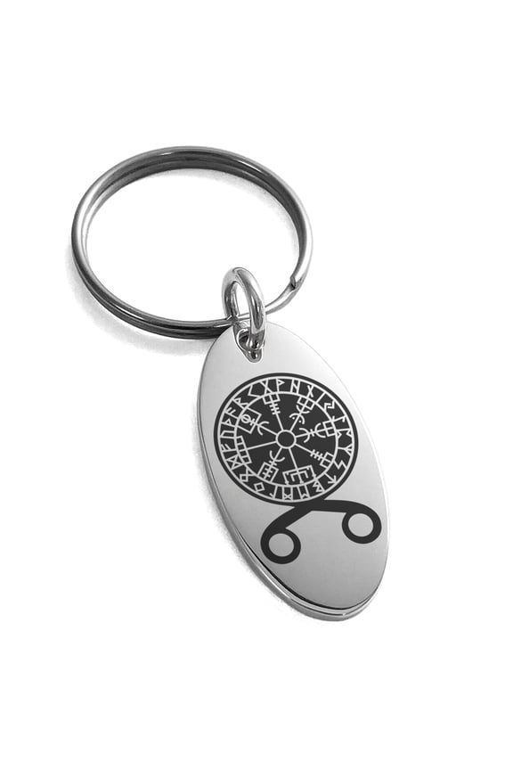 Stainless Steel Binding Vegvisir Troll Cross Runic Viking Engraved Small Oval Charm Keychain Keyring