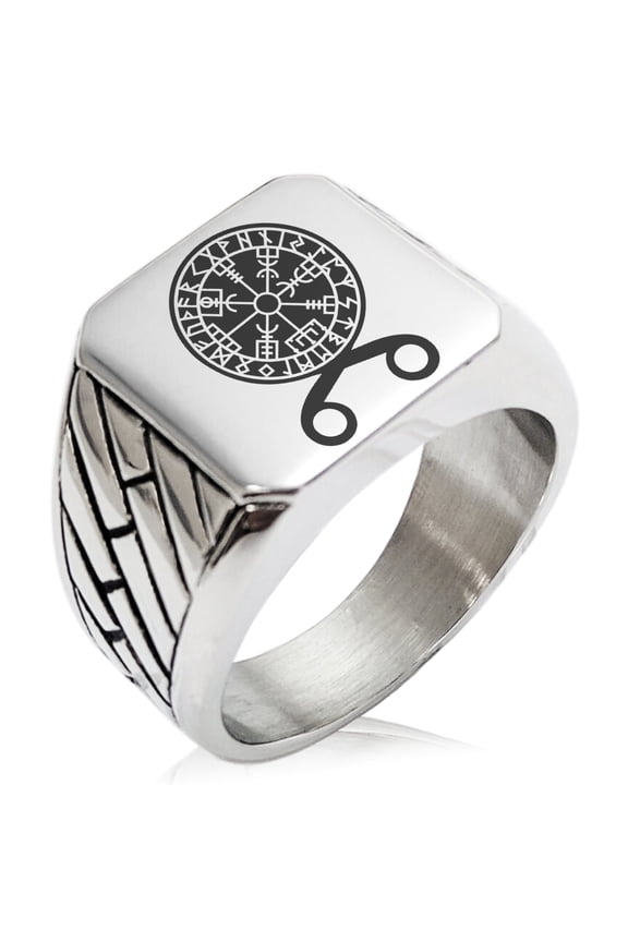 Stainless Steel Binding Vegvisir Troll Cross Runic Viking Geometric Pattern Biker Style Polished Ring