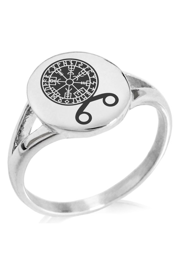 Stainless Steel Binding Vegvisir Troll Cross Runic Viking Minimalist Oval Top Polished Statement Signet Ring