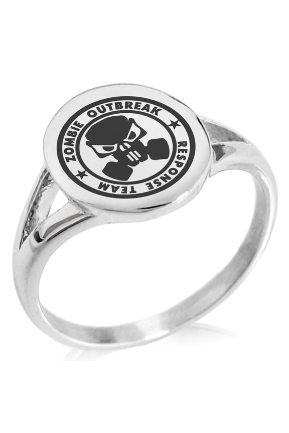 Stainless Steel Bio Zombie Outbreak Response Team Minimalist Oval Top Polished Statement Signet Ring