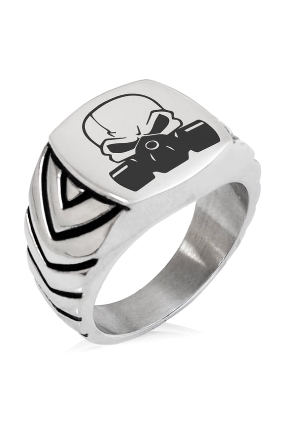 Stainless Steel Biohazard Death Skull Chevron Pattern Biker Style Polished Ring