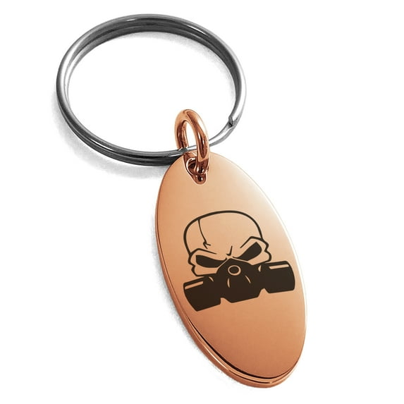 Stainless Steel Biohazard Death Skull Engraved Small Oval Charm Keychain Keyring