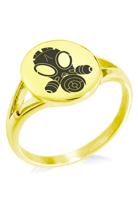 Stainless Steel Biohazard Gas Mask Minimalist Oval Top Polished Statement Signet Ring